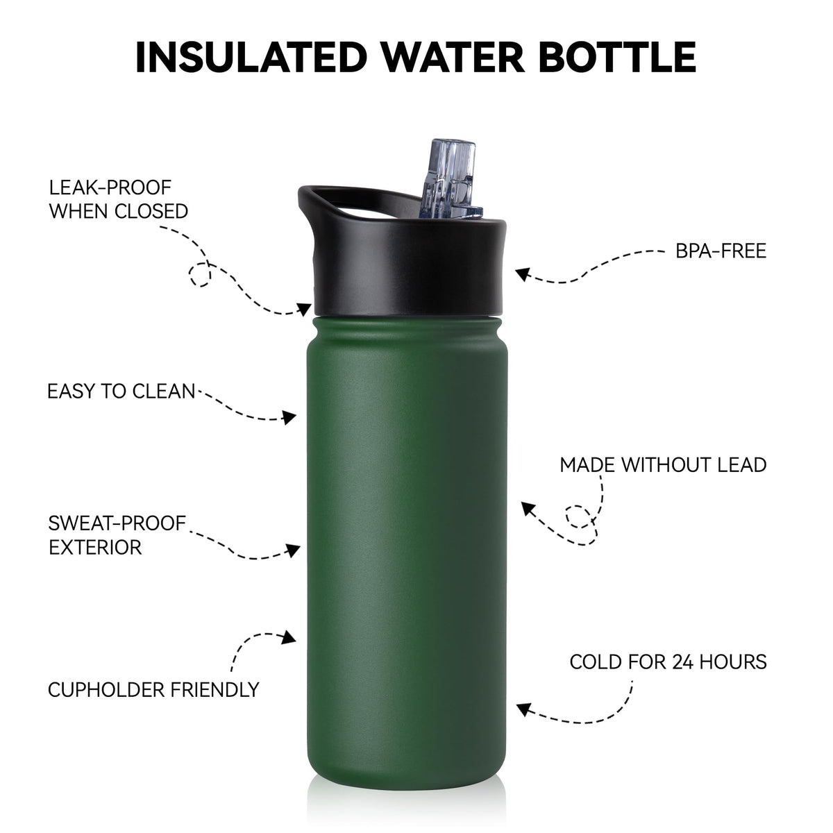16 oz Insulated Water Bottle for School (Dark Green / 16 Ounces)