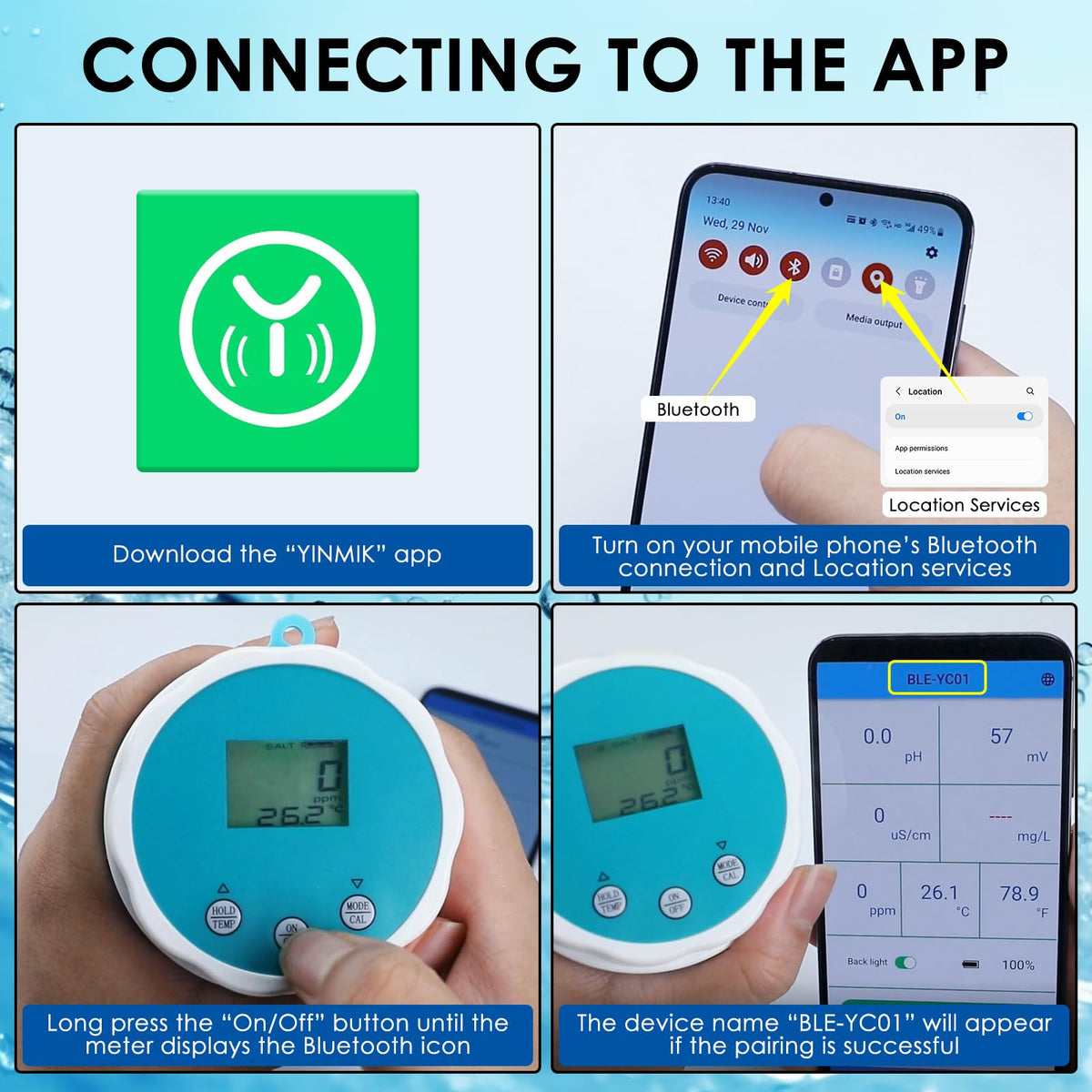 6-in-1 Wireless Water Quality Tester Bluetooth Floating Water Quality Monitor for Pools, Spas, and Hydroponics - pH, EC, ORP, Chlorine, Salinity, and Temperature Measurement