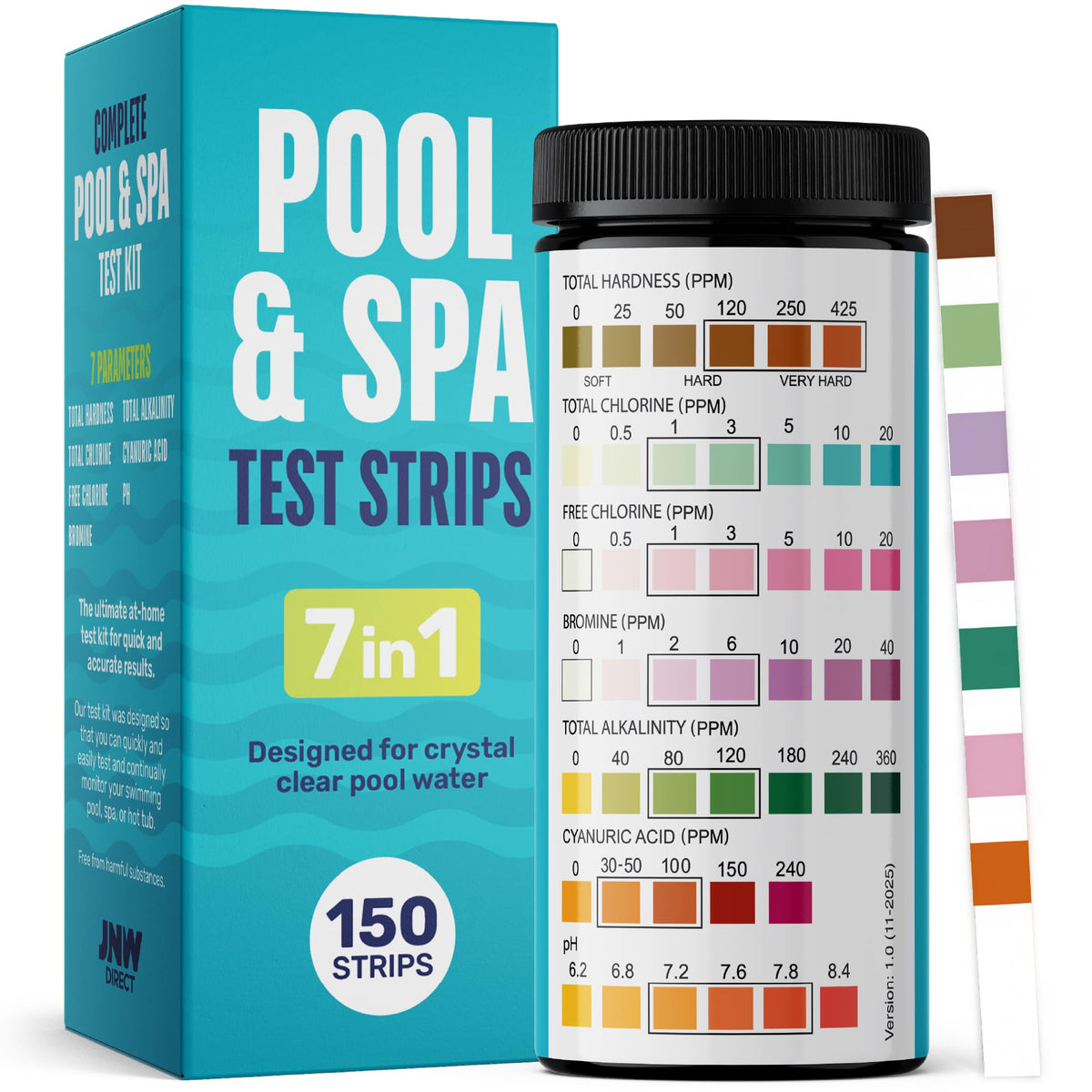 Pool Test Strips for Pools and Spas (150 STRIPS - 7 IN 1 POOL TEST STRIPS)