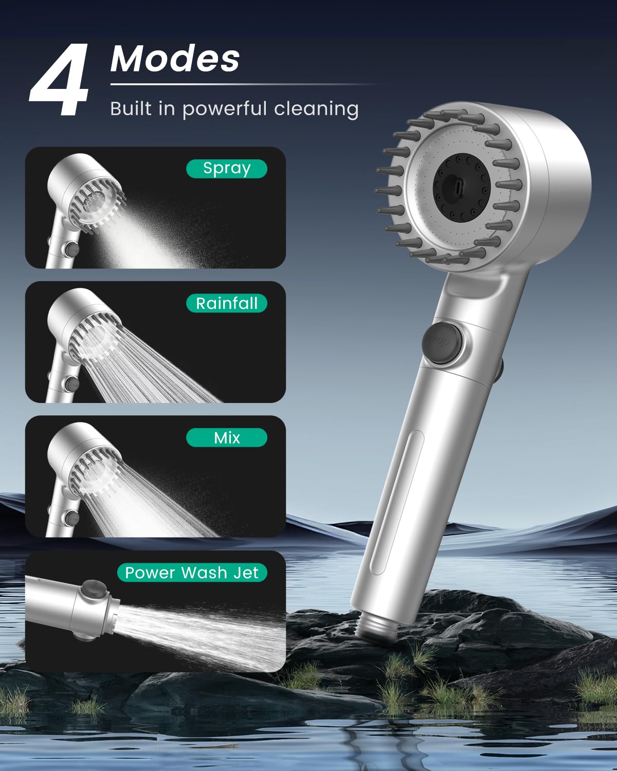 Filtered Shower Head with Handheld 4PCS Filters ShowerHead (Matte silver)