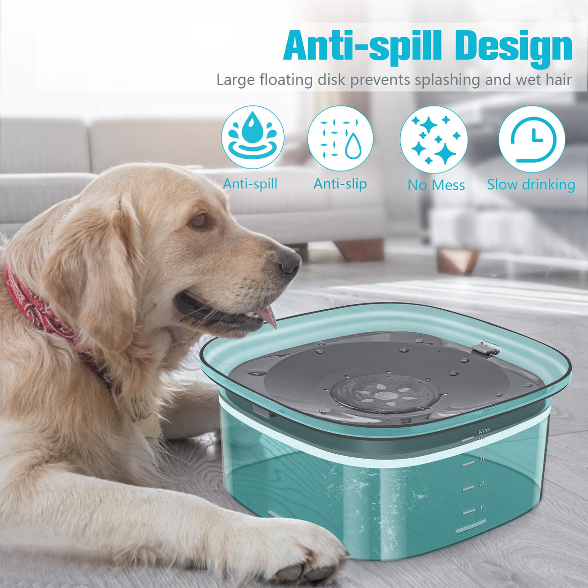 4L Dog Water Bowl No Spill Large Capacity Slow Drinking Water Feeder (4 L / L-Green)
