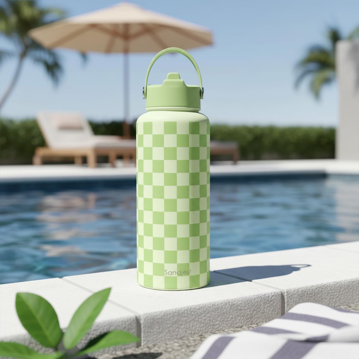 Checkered Water Bottle Stainless Steel 32oz with Lid & Straw (Checker 1)