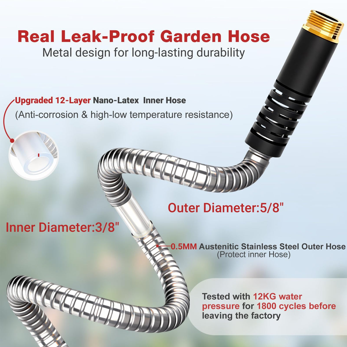 125ft Stainless Steel Garden Hose (Gray / 125FT)
